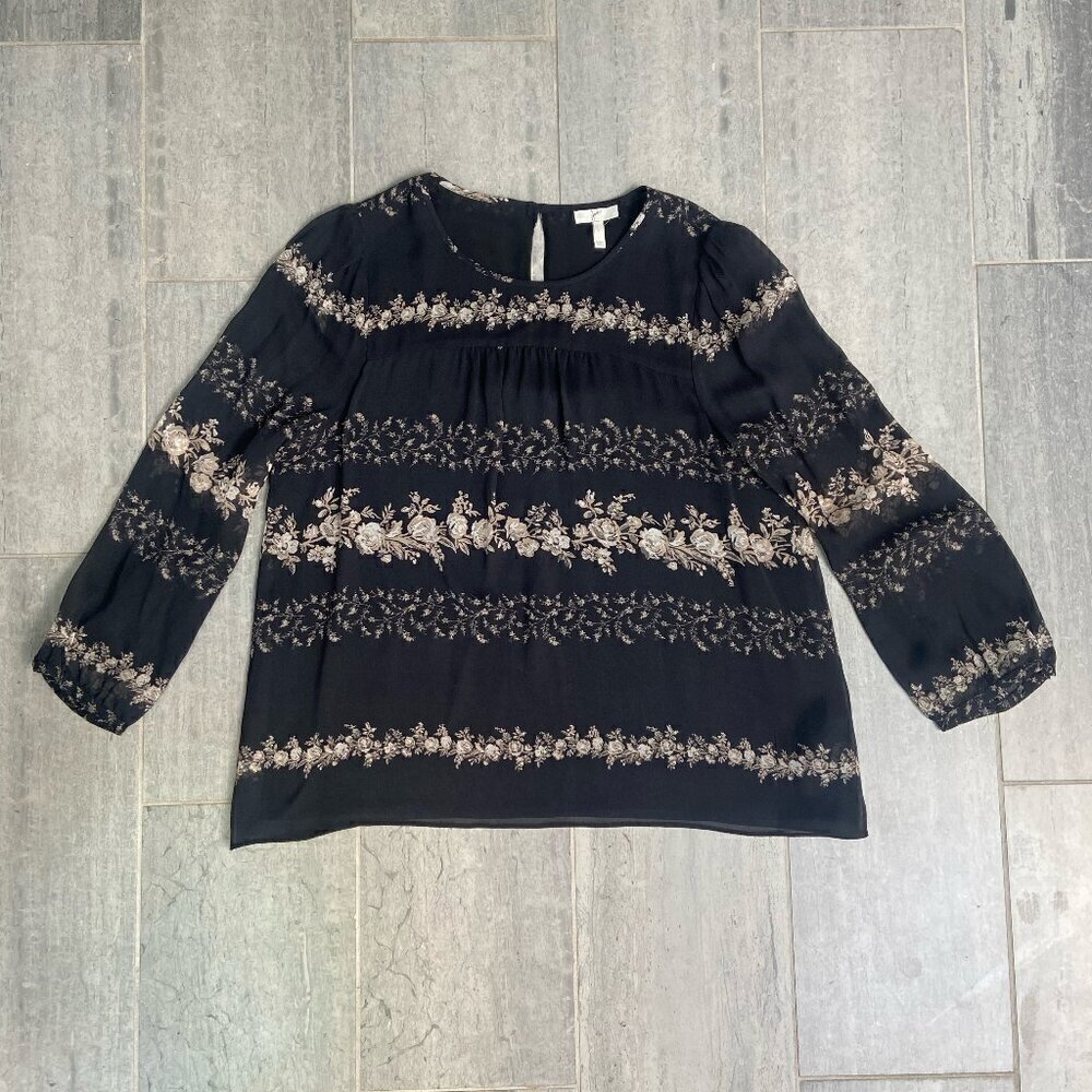 Joie Silk Floral Semi-Sheer 3/4 Sleeve Boho Blouse Top Black Size Large